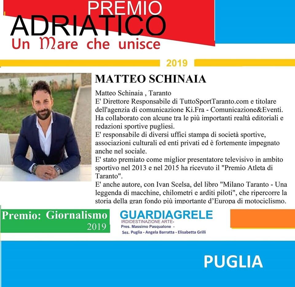 "Premio Adriatico - Un mare che unisce", domani la premiazione a Guardiagrele. Tra i vincitori il giornalista tarantino Matteo Schinaia "Premio Adriatico - Un mare che unisce", domani la premiazione a Guardiagrele. Tra i vincitori il giornalista tarantino Matteo Schinaia
