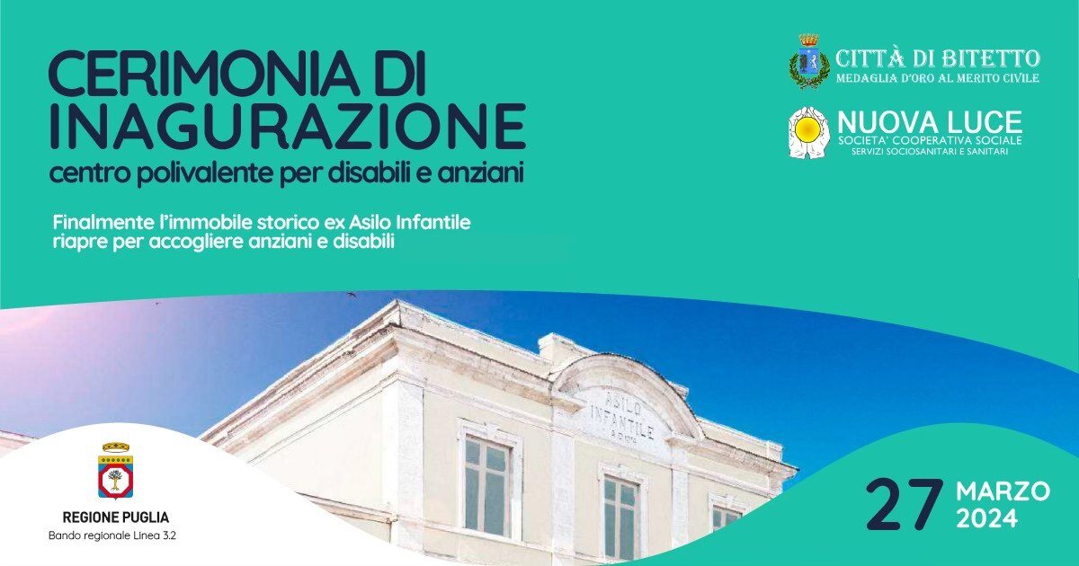 Domani l'inaugurazione di un nuovo Centro Polivalente per disabili e anziani a Bitetto