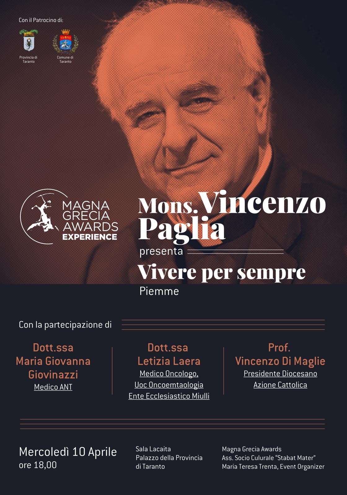 Mons. Vincenzo Paglia sarà il protagonista del secondo appuntamento del Magna Grecia Awards “Experience” a Taranto