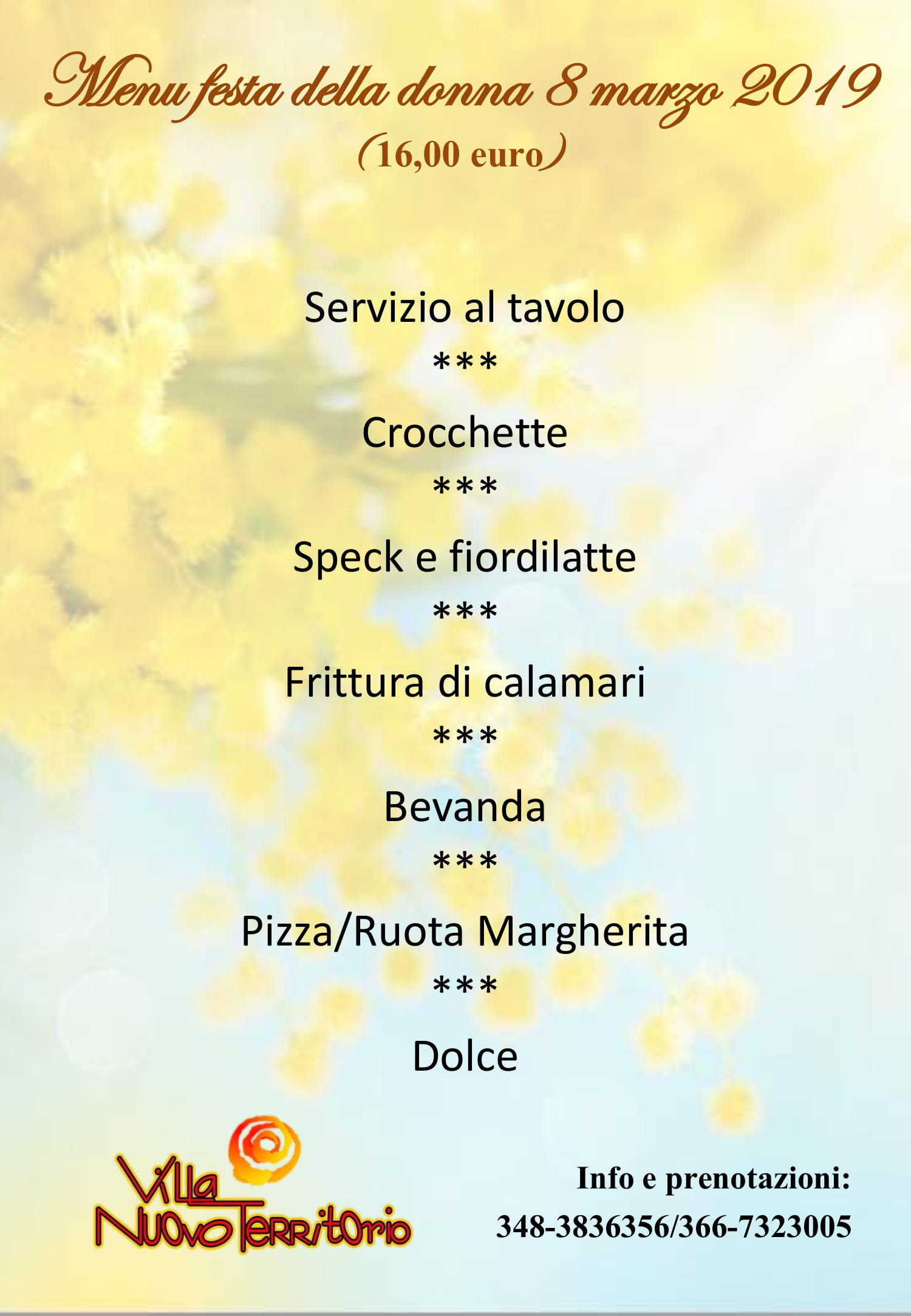 La festa della Donna alla Villa Nuovo Territorio: ecco il menu!