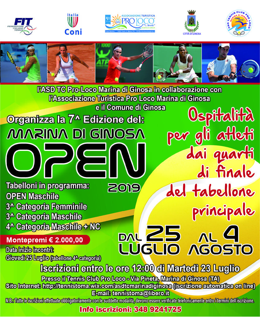 Parte il conto alla rovescia per Marina di Ginosa Open 2019