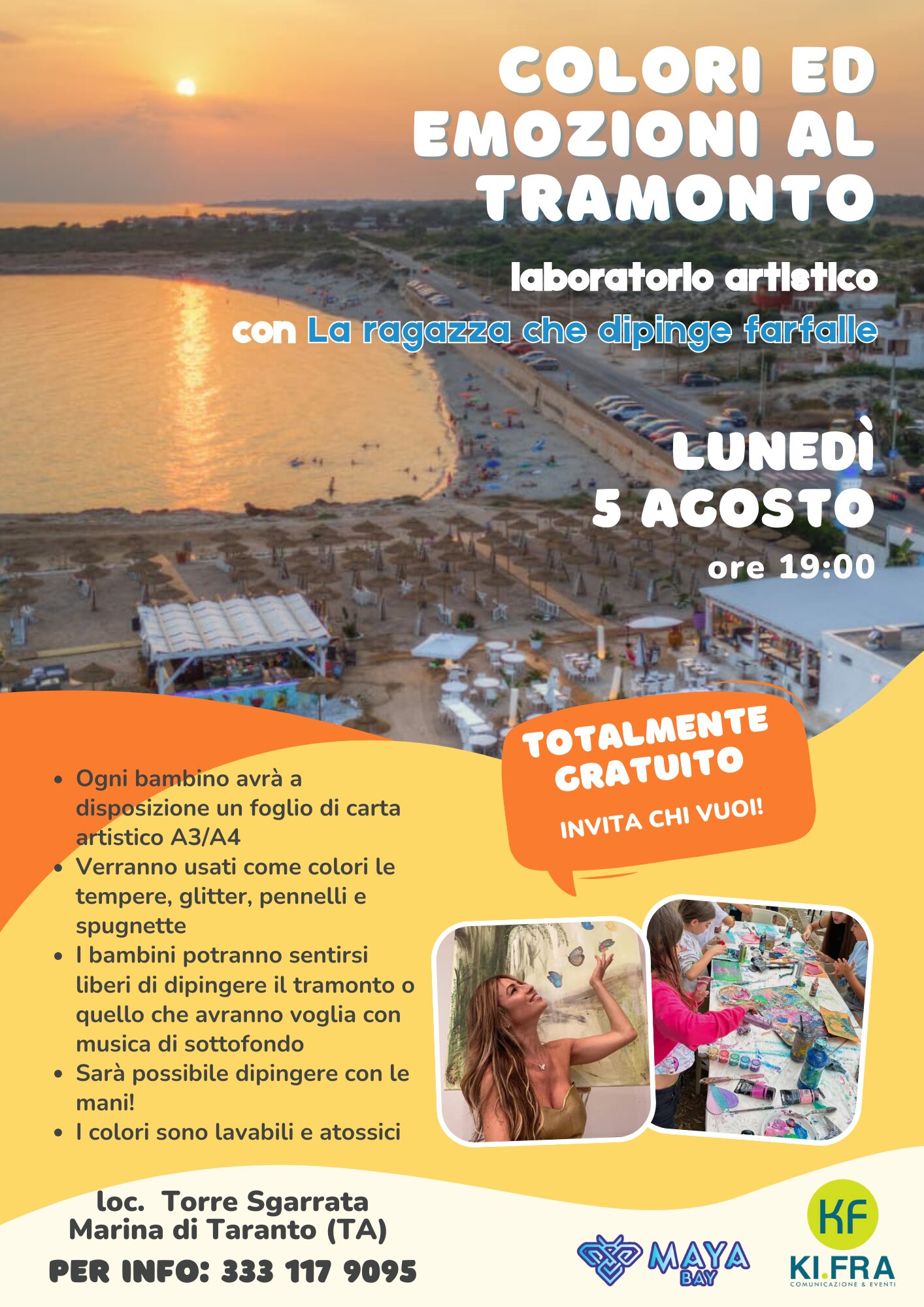 "Colori ed emozioni al tramonto", lunedì 5 agosto al Maya Bay il laboratorio artistico de "La ragazza che dipinge farfalle"