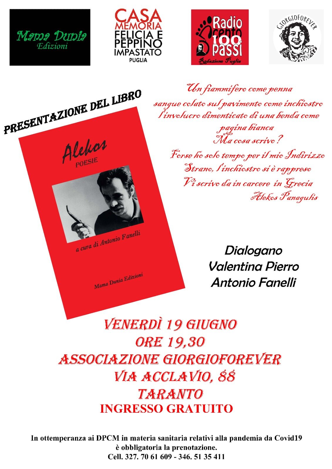 Domani alle 19.30 all'Associazione Giorgioforever la presentazione di "Alekos" di Antonio Fanelli