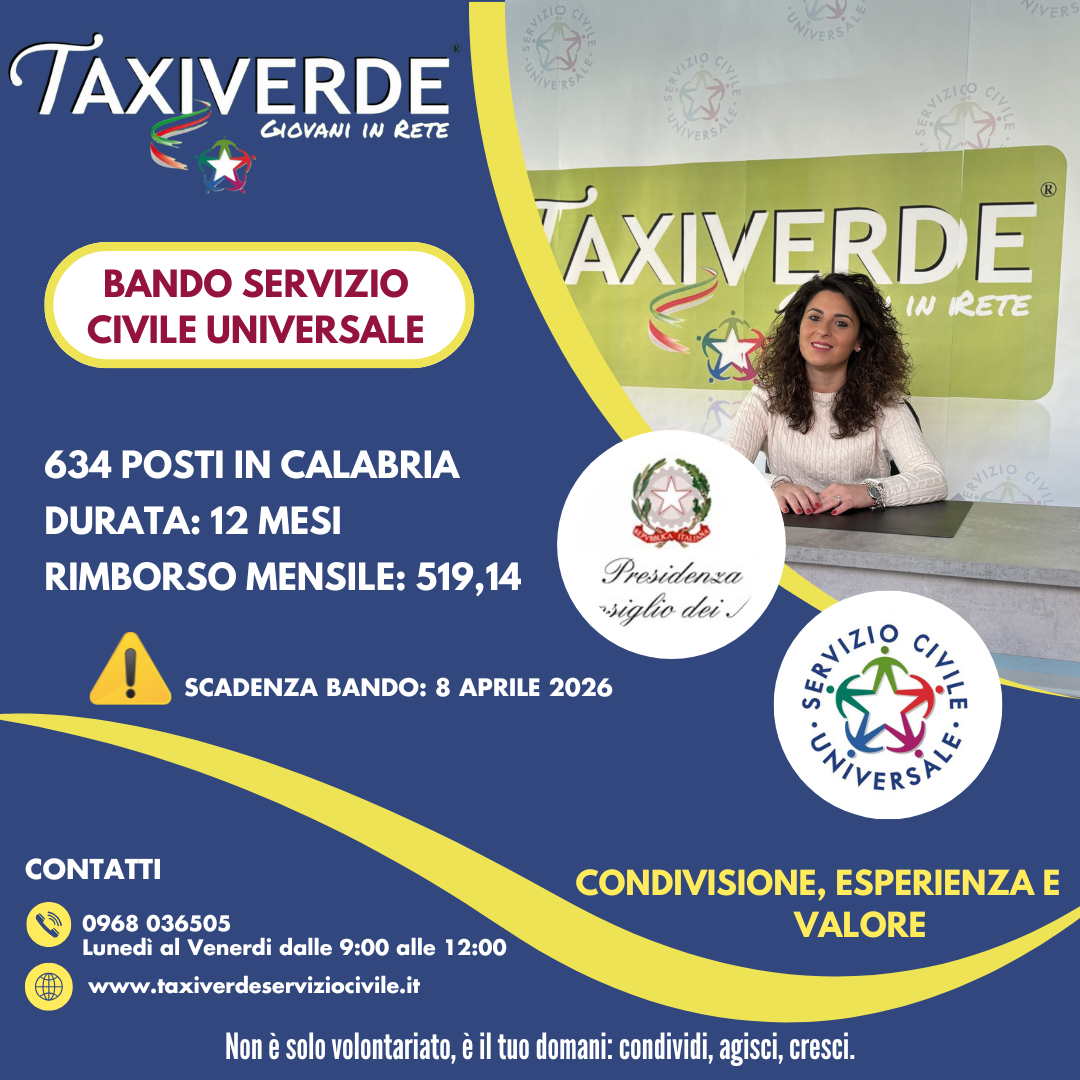 Servizio Civile Universale 2025/2026: 634 posti in Calabria con Taxiverde SCU, un&rsquo;opportunit&agrave; concreta per i giovani