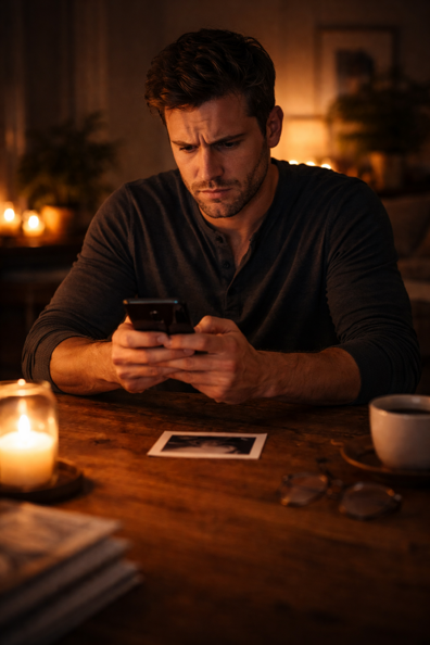 una persona guarda il telefono, un’espressione tesa