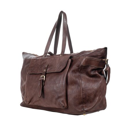 Borsa da viaggio in pelle vegetale LA VITA FIRENZE color testa di moro con tasca laterale e fibbia in metallo realizzata a Firenze da artigiani.