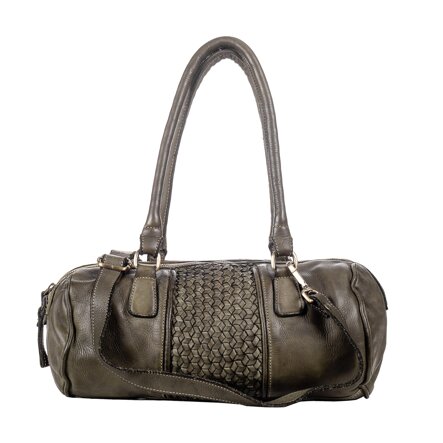 Borsa donna LA VITA FIRENZE in pelle vegetale e intreccio centrale color verde scuro con manico e tracolla staccabile dalla forma a cilindro realizzata da artigiani fiorentini.