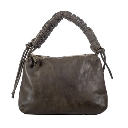 Borsa donna LA VITA FIRENZE in pelle vegetale color verde scuro con manico in pelle e lacci laterali in stile vintage.