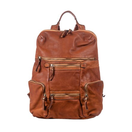 Zaino unisex LA VITA FIRENZE in pelle vintage color cuoio con zip e tasche a vista realizzato da artigiani a Firenze.