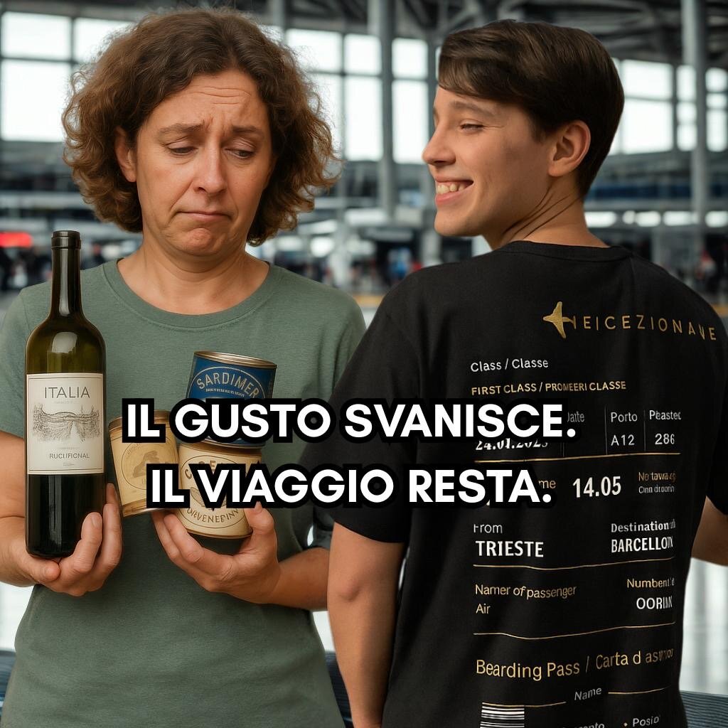 Confronto tra souvenir alimentari e t-shirt personalizzata E!CEZIONALE con volo per Barcellona&quot;