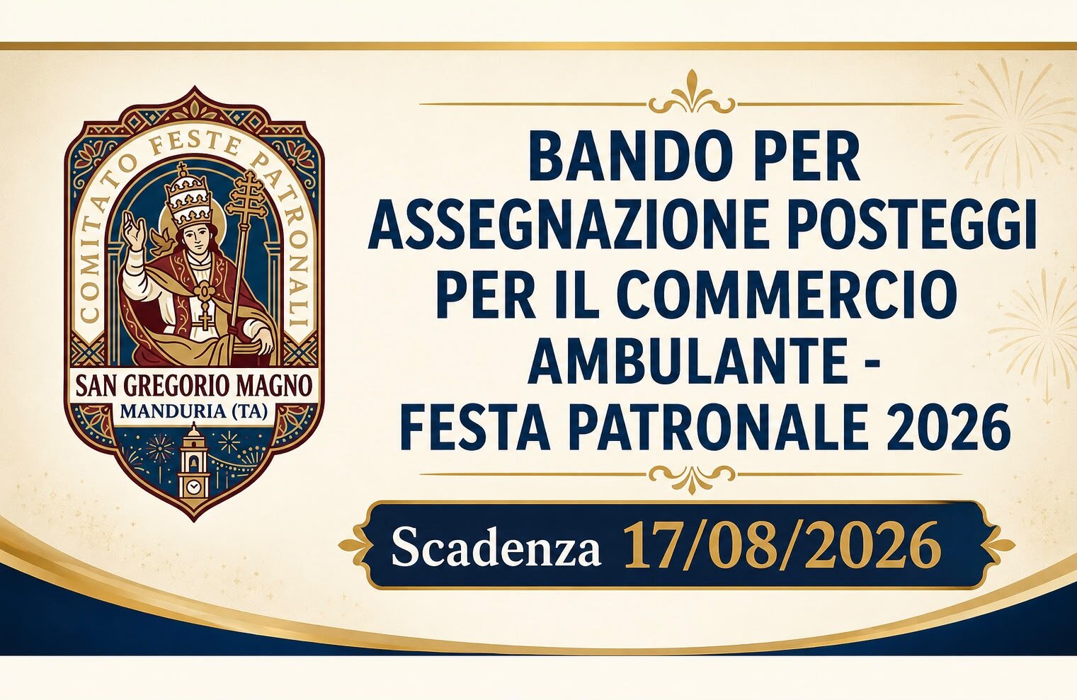 BANDO PER ASSEGNAZIONE POSTEGGI PER IL COMMERCIO AMBULANTE DAL 2 AL 5 SETTEMBRE 2026 BANDO PER ASSEGNAZIONE POSTEGGI PER IL COMMERCIO AMBULANTE DAL 2 AL 5 SETTEMBRE 2026