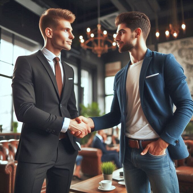 due uomini che si stringono la mano, uno vestito elegante e professionale laltro casual.jpeg