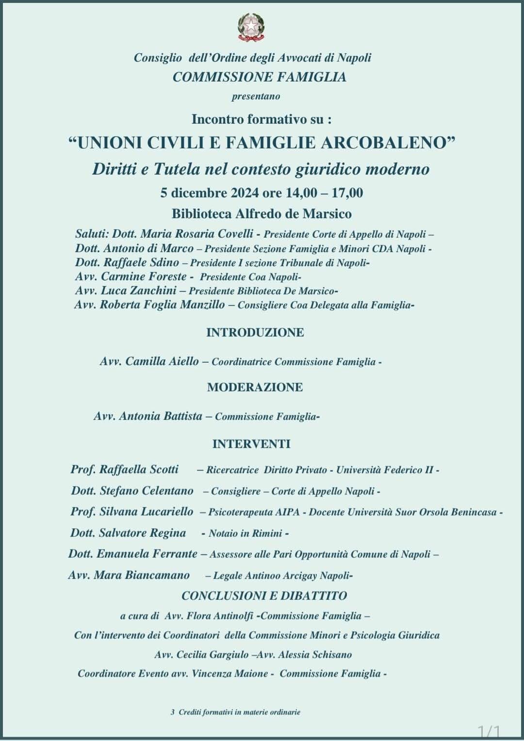 Il 5 dicembre 2024: “Unioni Civili e Famiglie Arcobaleno. Diritti e tutela nel contesto giuridico moderno”. Il 5 dicembre 2024: “Unioni Civili e Famiglie Arcobaleno. Diritti e tutela nel contesto giuridico moderno”.