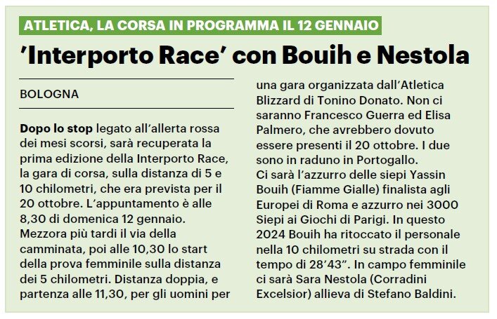 Atletica, la corsa in programma il 12 gennaio. ’Interporto Race’ con Bouih e Nestola Atletica, la corsa in programma il 12 gennaio. ’Interporto Race’ con Bouih e Nestola
