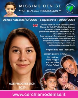 Missing Denise AP 2025 Missing Denise nata il 26 ottobre 2000 - scomparsa 1 settembre 2004 a Mazara del Vallo TP. Sicilia
