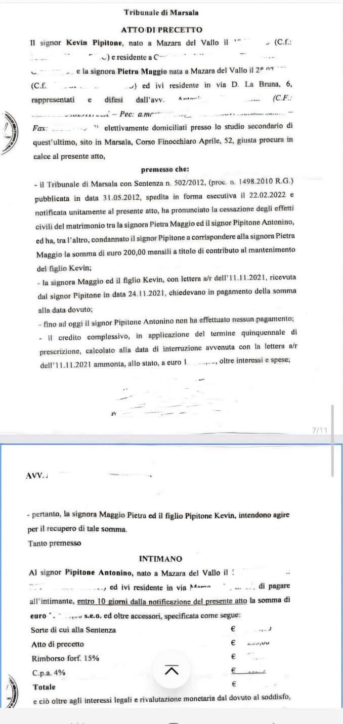 Atto di precetto che intima Pipitone Antonino al pagamento del mantenimento mai versato.. Atto di precetto che intima Pipitone Antonino al pagamento del mantenimento mai versato..