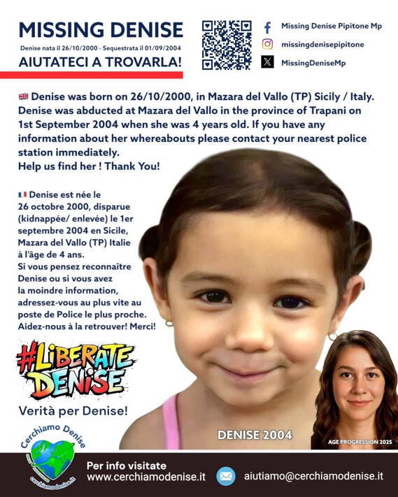 Missing Denise AP 20025 Missing Denise nata il 26 ottobre 2000 - scomparsa 1 settembre 2004 a Mazara del Vallo TP. Sicilia