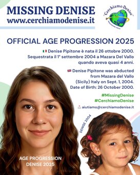 03 Age Progression Missing Denise 2025 Missing Denise nata il 26 ottobre 2000 - scomparsa 1 settembre 2004 a Mazara del Vallo TP. Sicilia