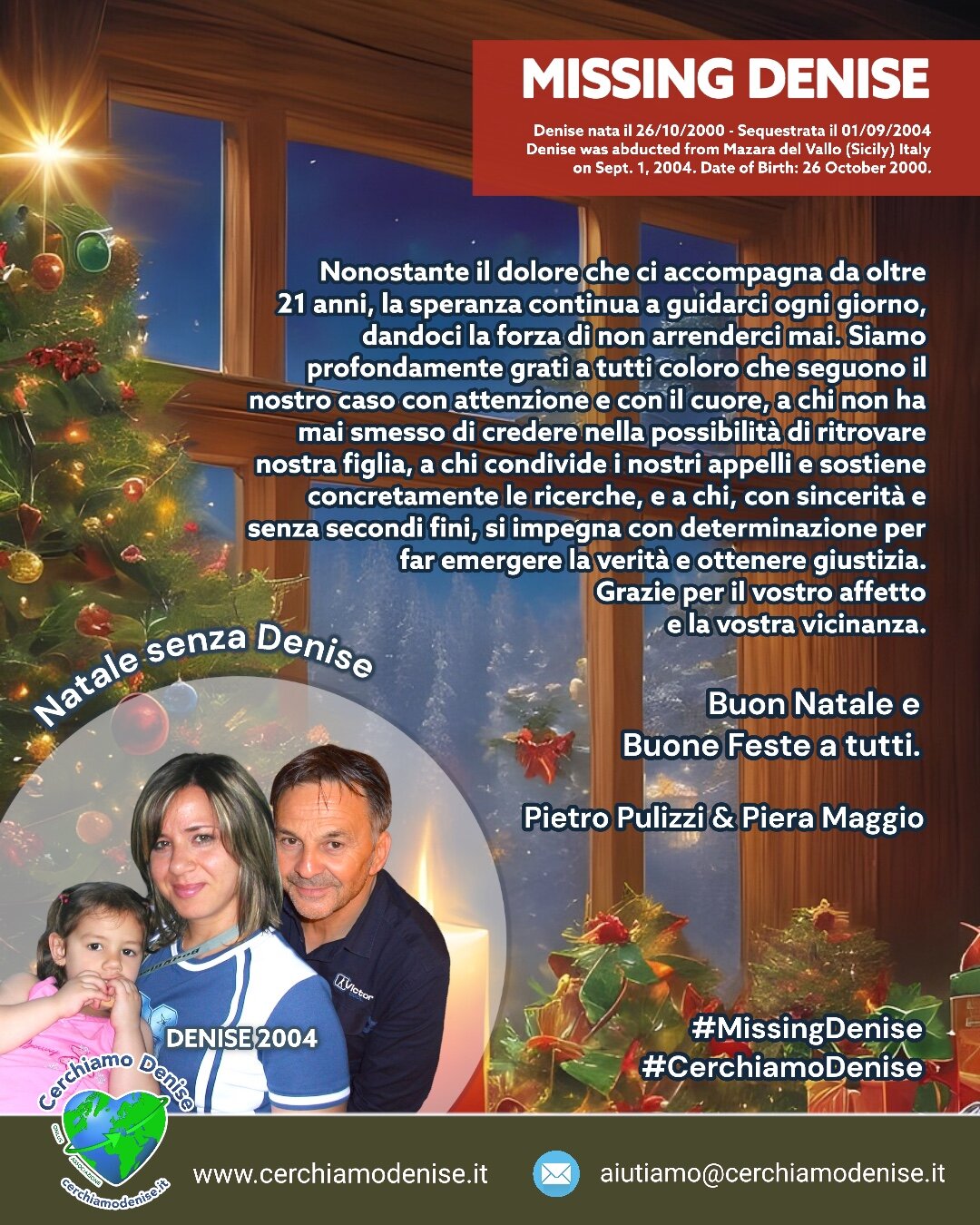 Piera Maggio e Pietro Pulizzi: " Un altro Natale senza Denise. Buon Natale e Buone Feste a tutti"