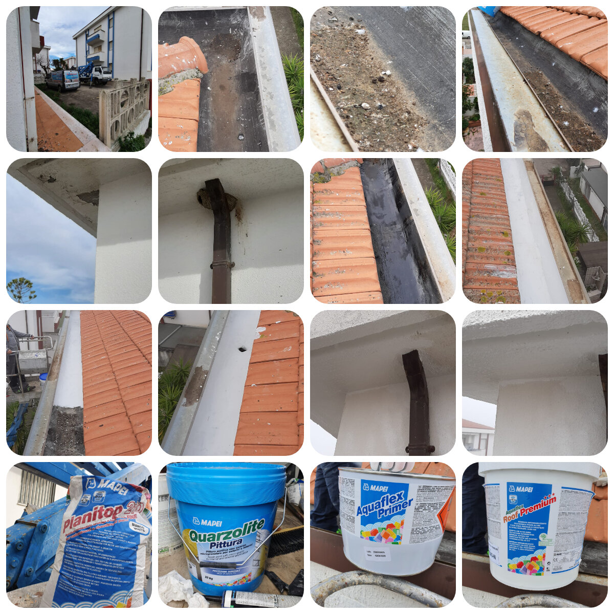 Riparazione cornicione scolo tetto per infiltrazione da acque piovane. Utilizzo solo materiali di qualità MAPEI PREMIUM.