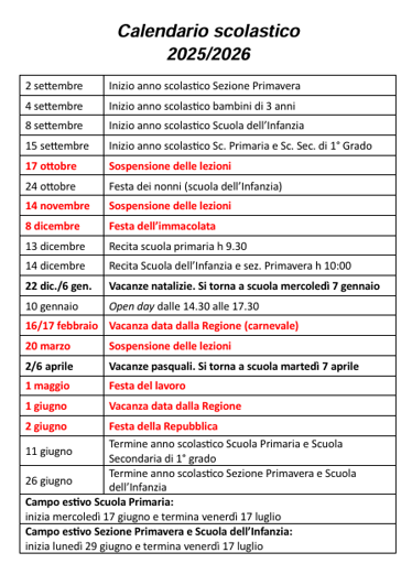 calendario scolastico