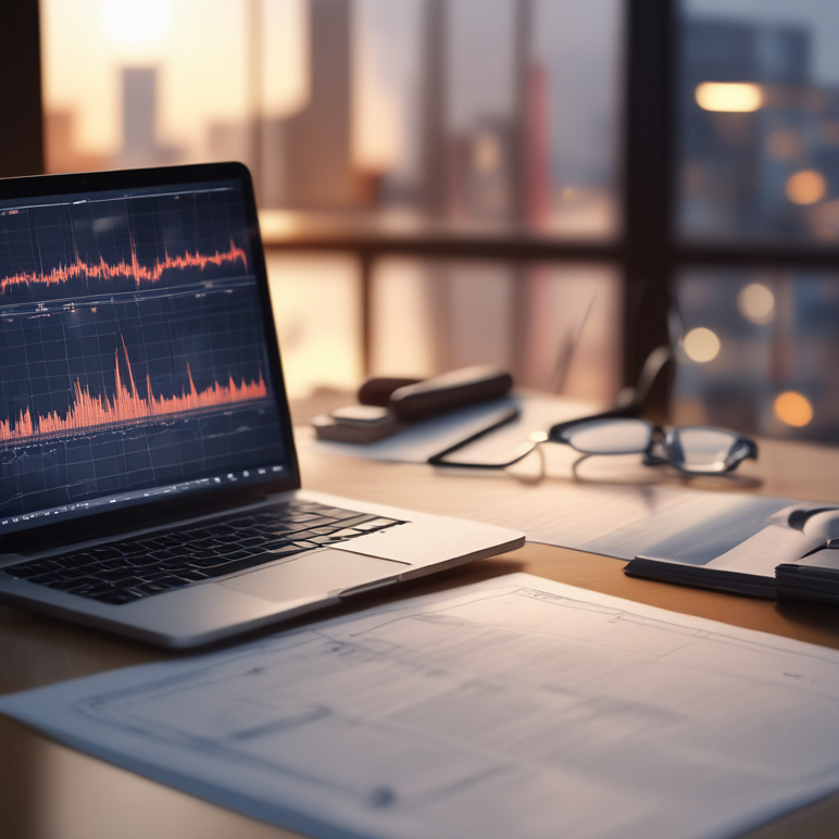 Scrivania con computer che mostra grafici, occhiali e documenti sparsi, ideale per lavoro e analisi. Scrivania con computer che mostra grafici, occhiali e documenti sparsi, ideale per lavoro e analisi.
