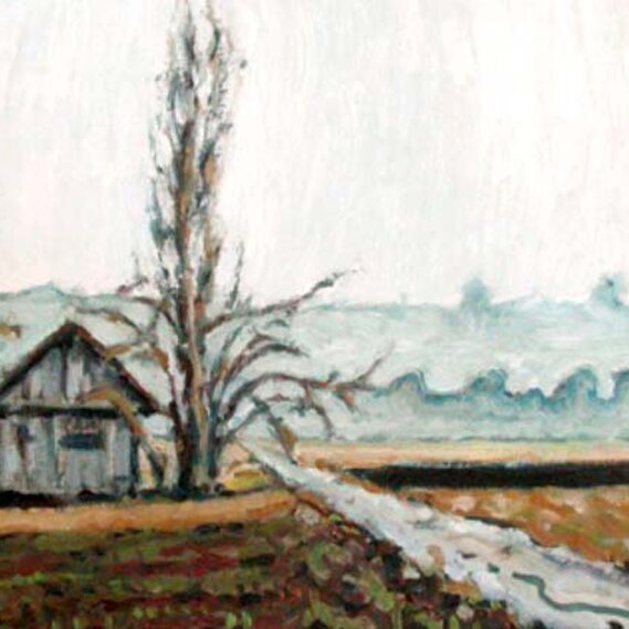 Landschaft mit Haus und Weg 1986 Olio su tela cm 21x30