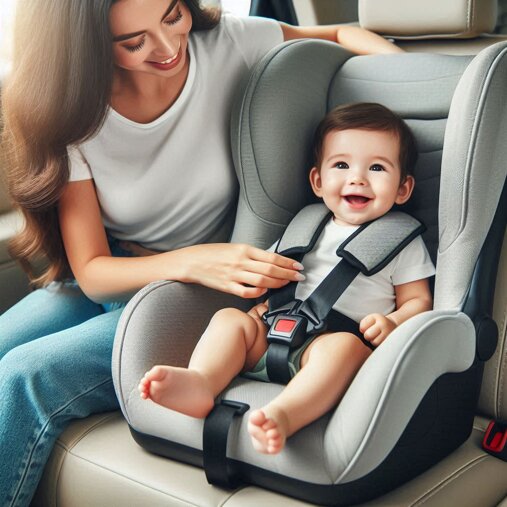 immagine di un seggiolino per automobile per bambini. la mamma posiziona il bambino sul seggiolino e.jpeg