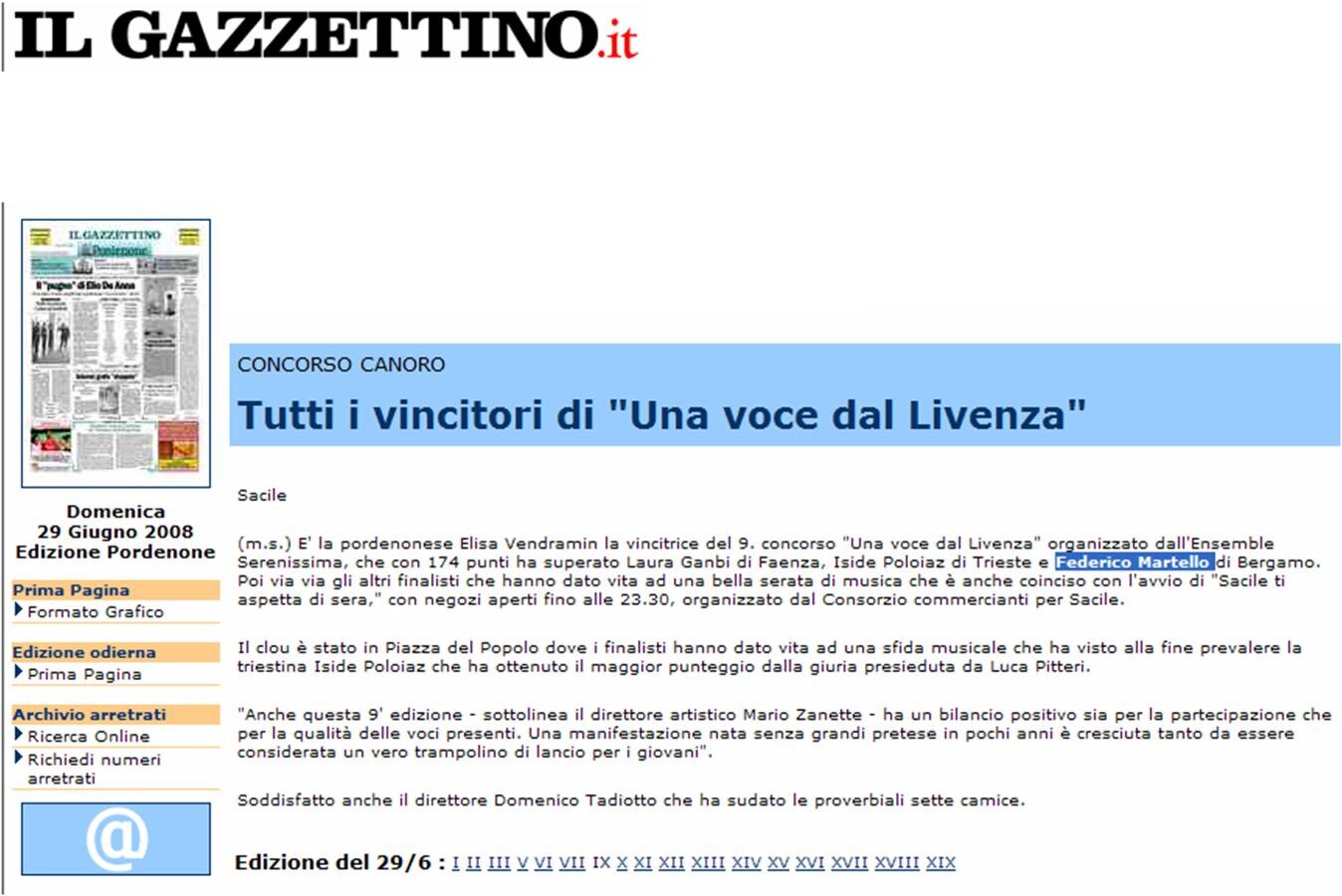Tutti i vincitori di una Voce dal Livenza