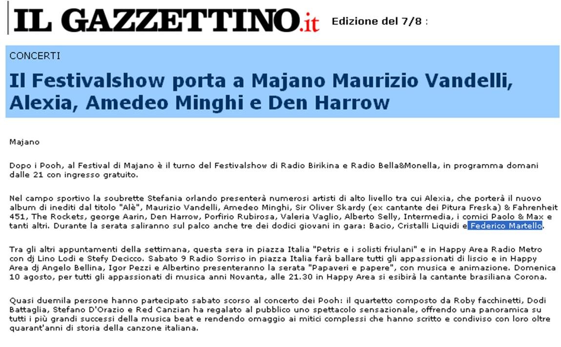 Il Festival Show porta a Majano Maurizio Vandelli, Alexia, Amedeo Minghi e Den Harrow