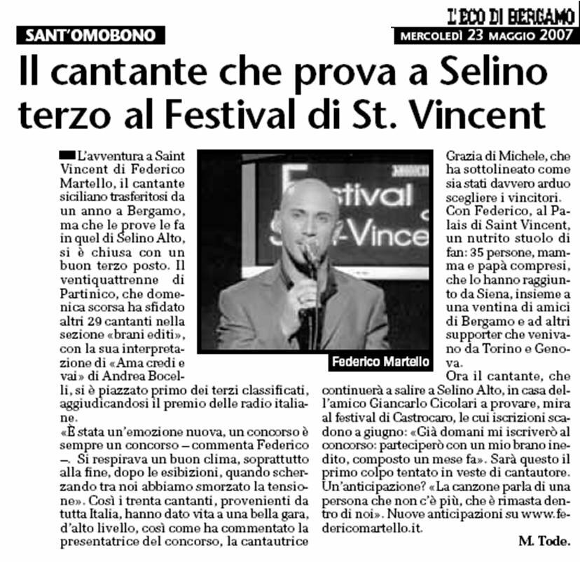 Il cantante che prova a Selino terzo al Festival di St Vincent Il cantante che prova a Selino terzo al Festival di St Vincent