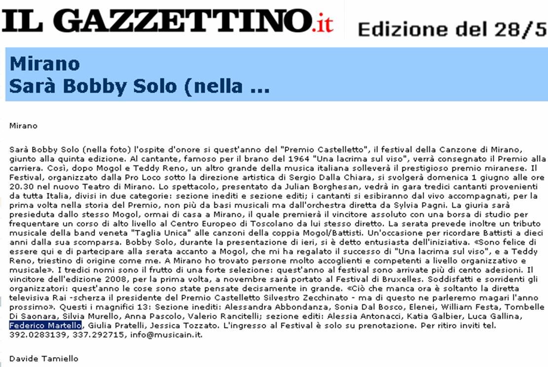 Sarà Bobby Solo ospite d’onore al Premio Castelletto Sarà Bobby Solo ospite d’onore al Premio Castelletto