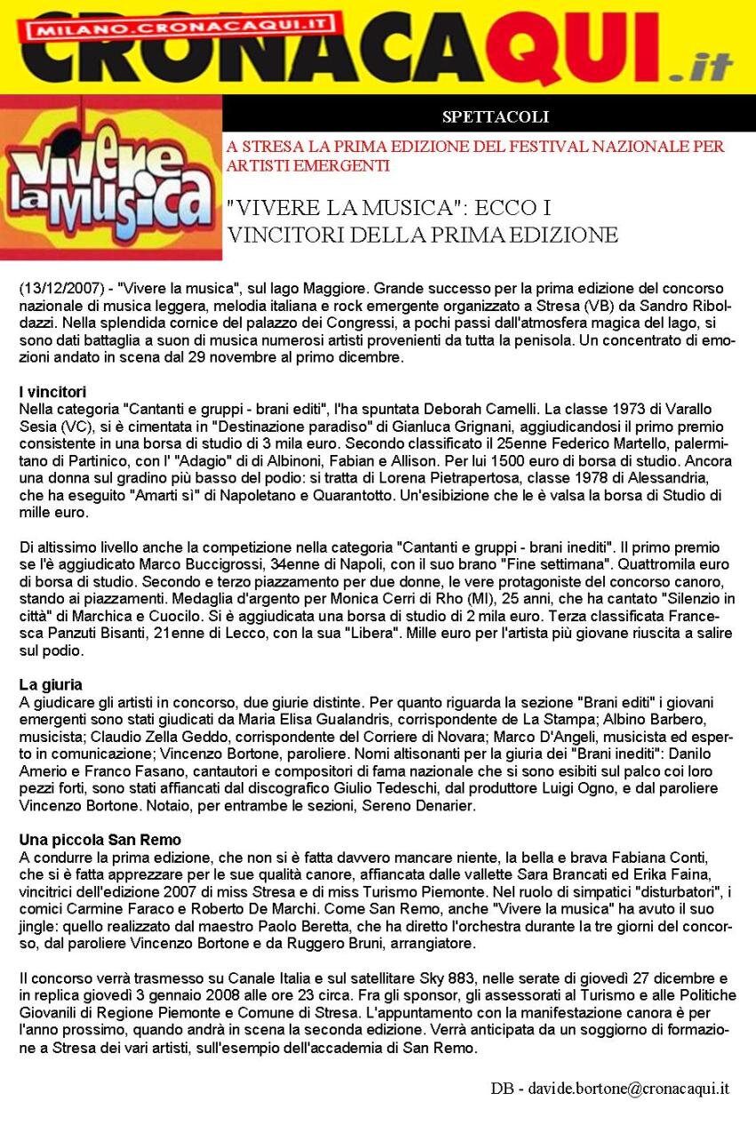 Vivere la Musica: ecco i vincitori della prima edizione Vivere la Musica: ecco i vincitori della prima edizione