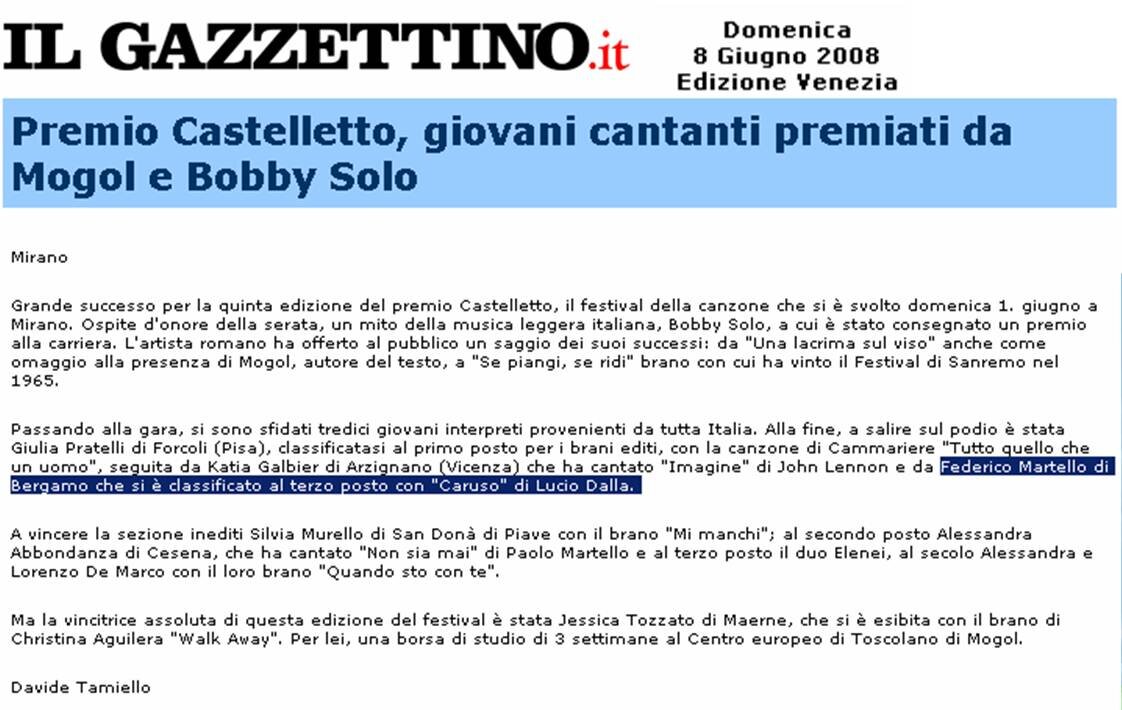 Premio Castelletto, giovani cantanti premiati da Mogol e Bobby Solo