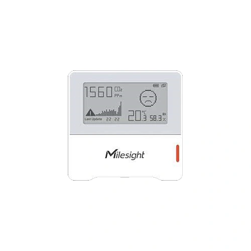 Sensore ambientale Milesight AM103 LoRaWAN con display E-ink per monitoraggio CO2, temperatura e umidità.