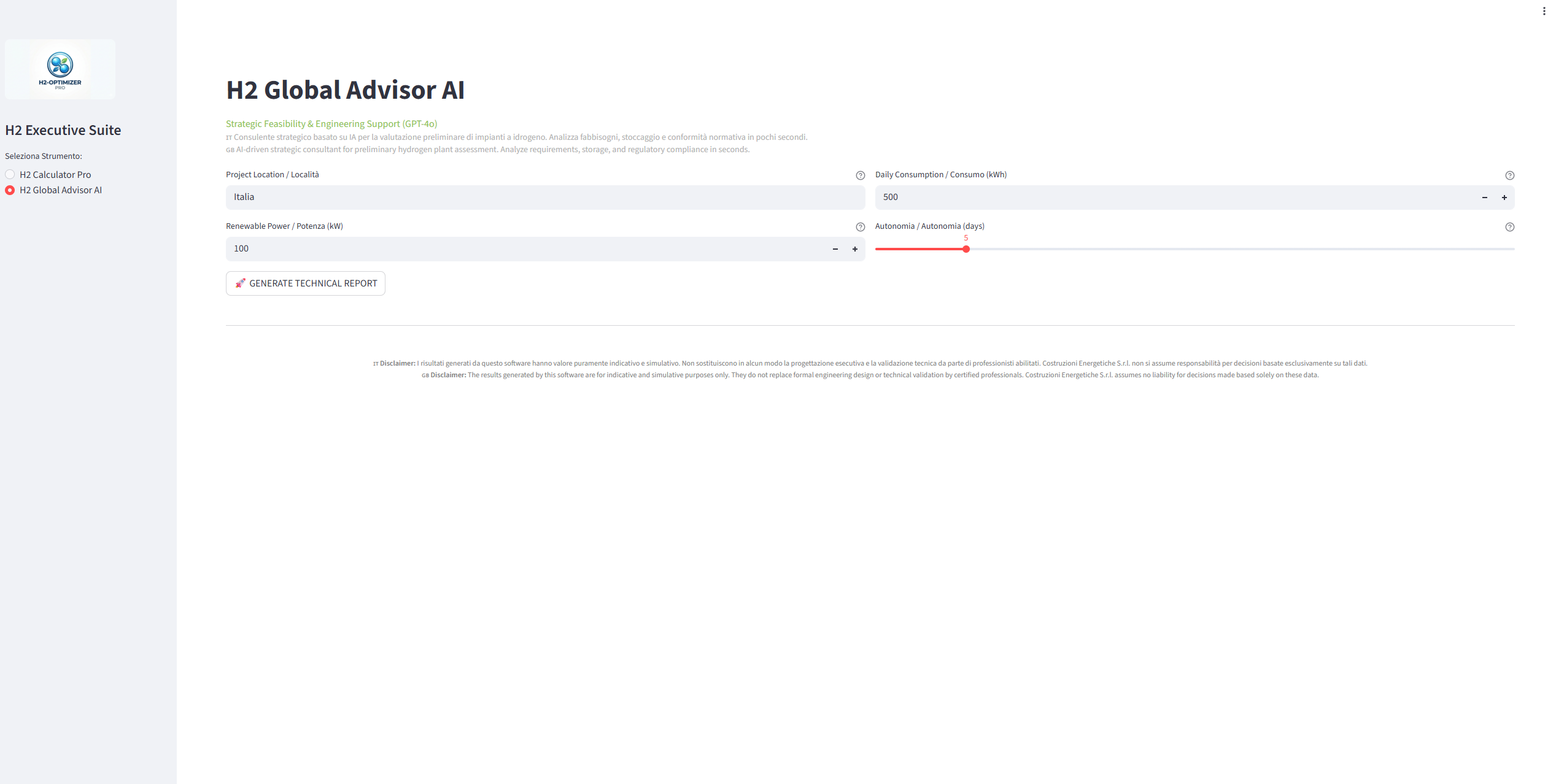 H2 Global Advisor AI: software di analisi strategica e calcolo tecnico per impianti a idrogeno verde