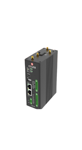 Dettaglio delle interfacce del gateway LG3120e, incluse porte Ethernet, seriali ed I/O digitali.