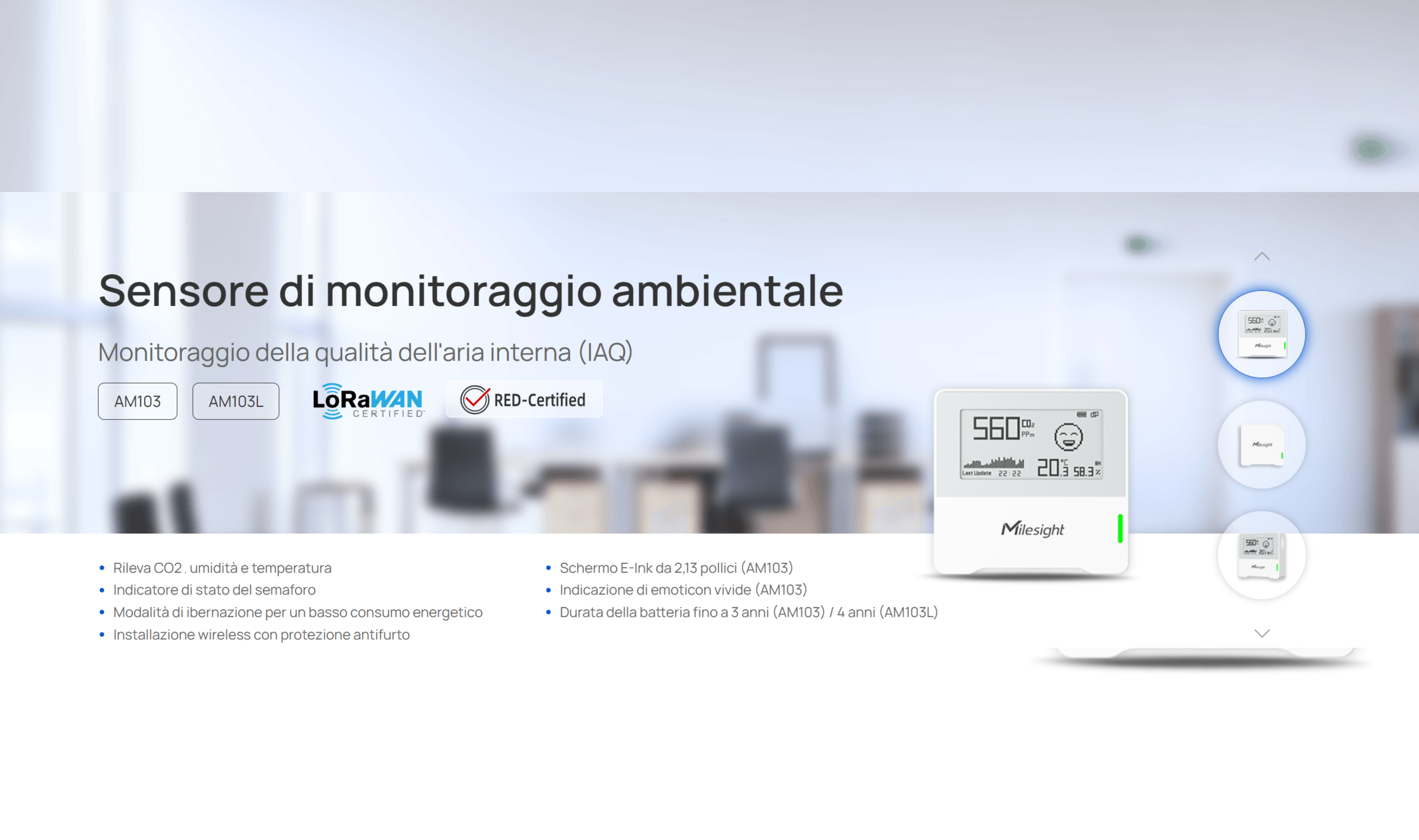 Sensore LoRaWAN Milesight AM103 per monitoraggio temperatura e umidità in magazzini e locali commerciali