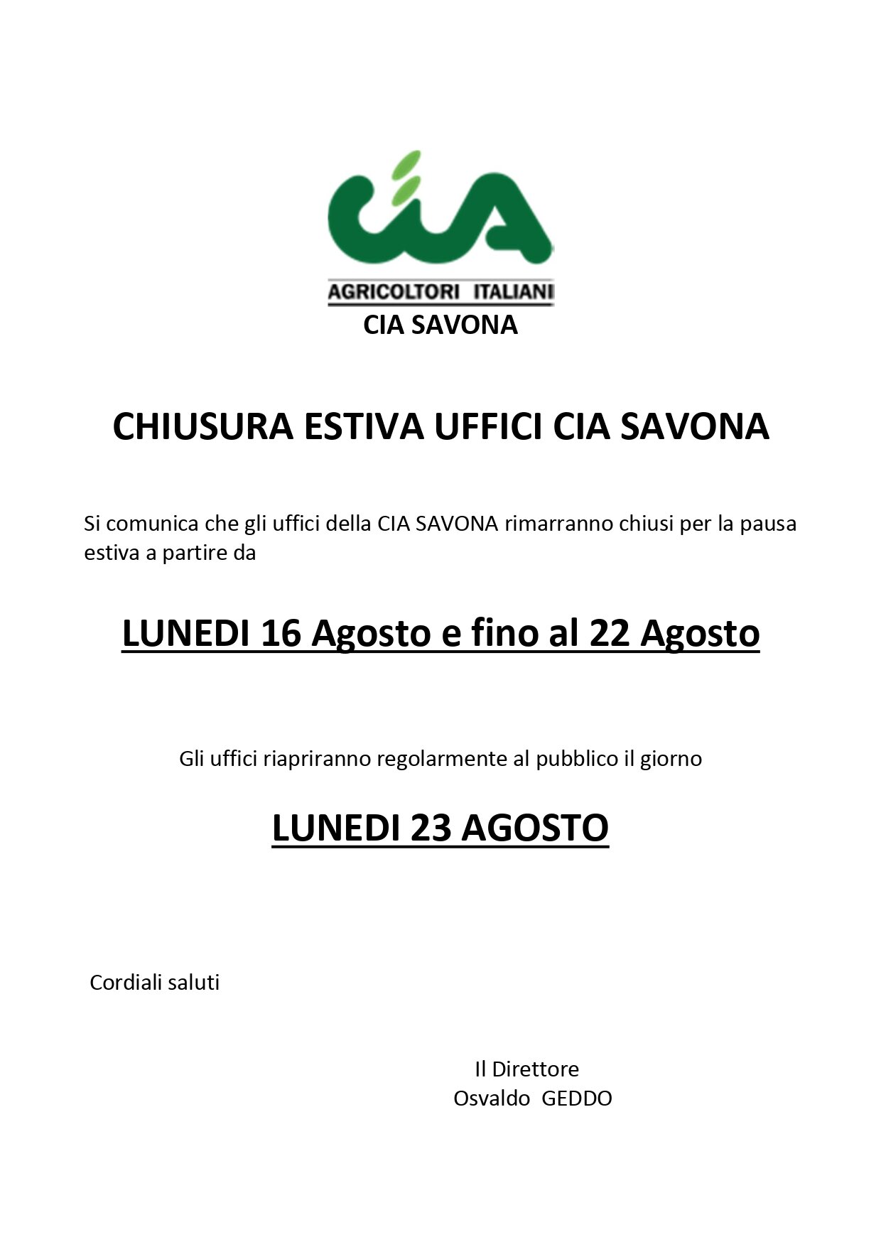 Chiusura estiva Uffici CIA SAVONA