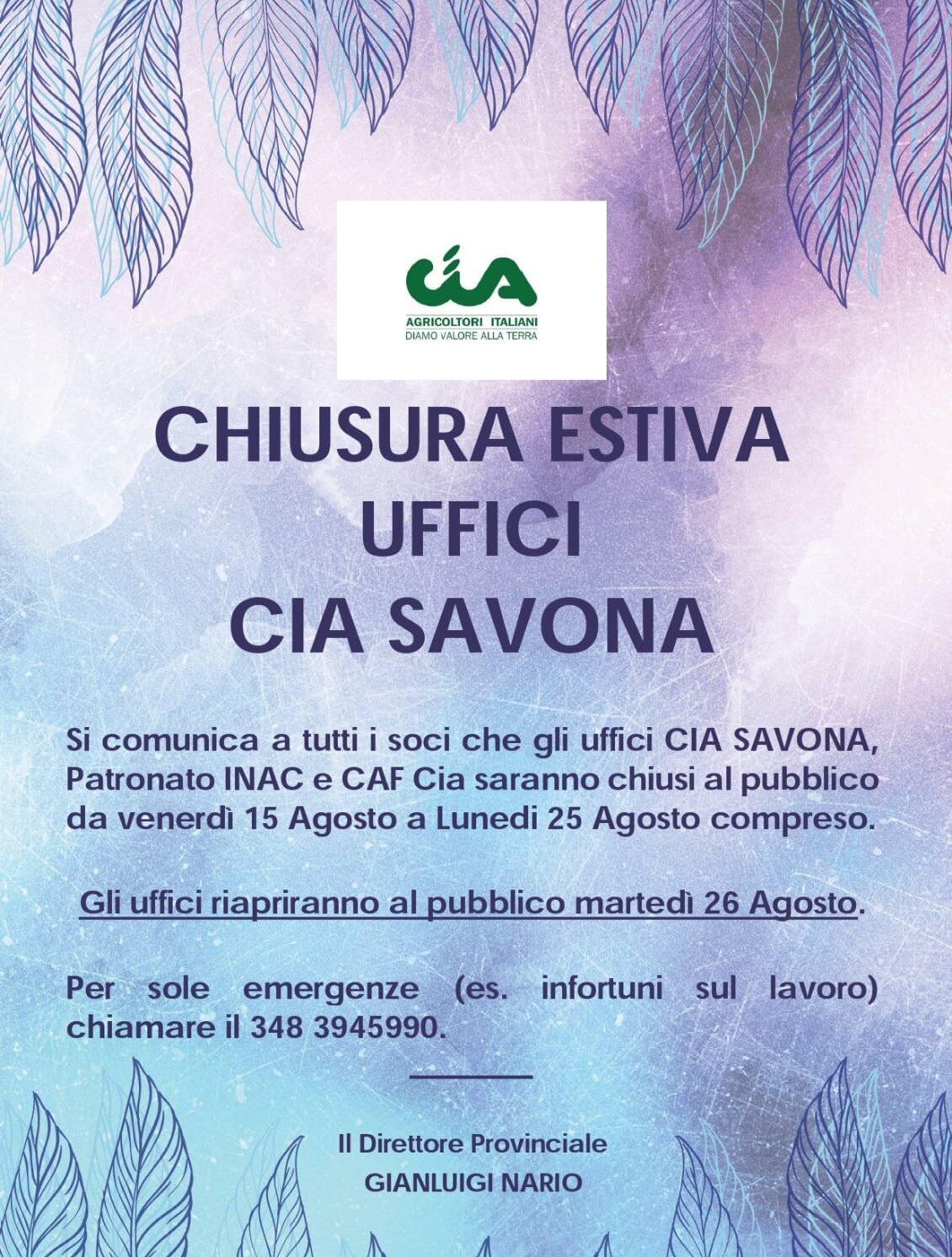 Chiusura uffici CIA Savona dal 15 al 25 agosto