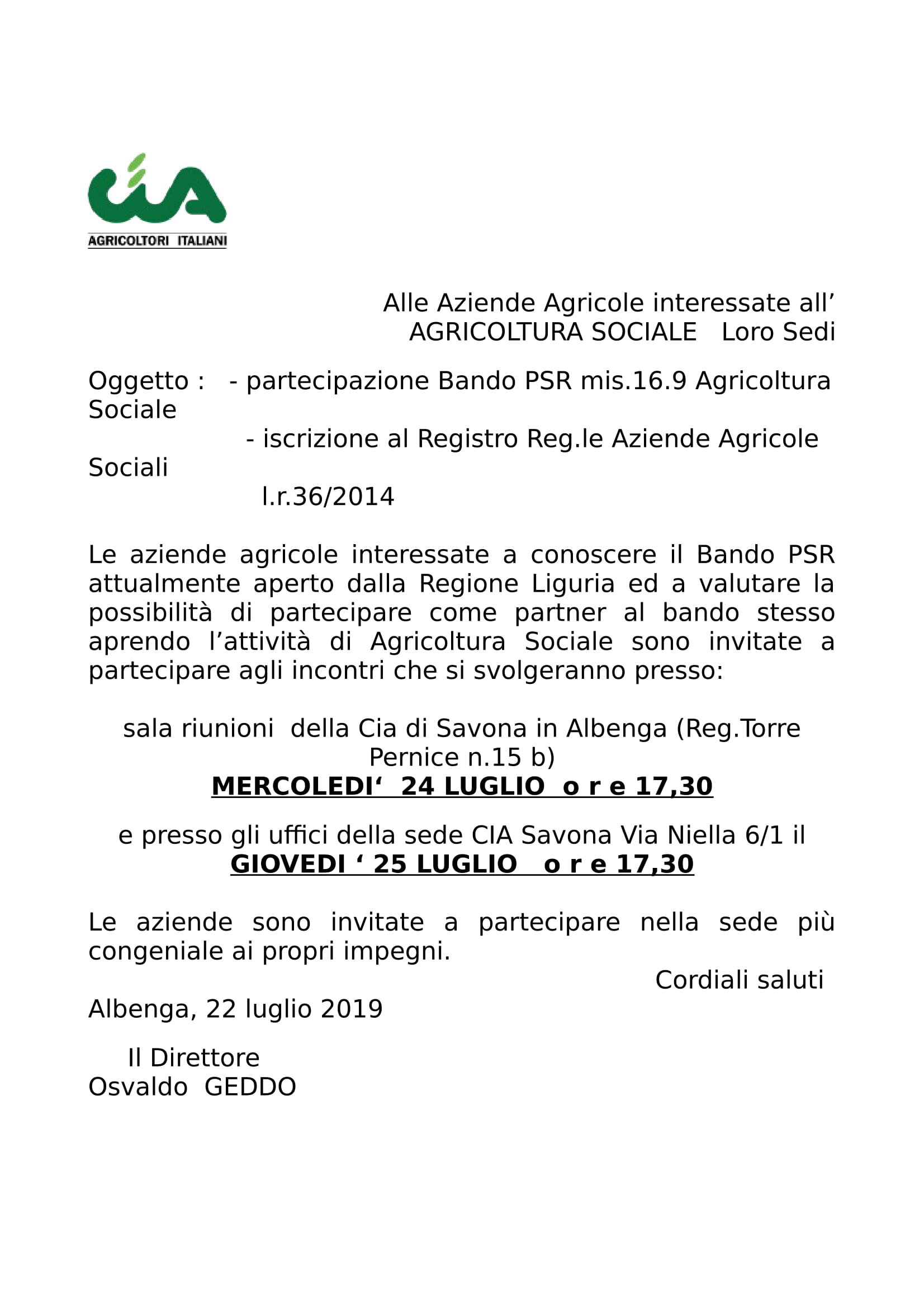 INCONTRI CON GLI AGRICOLTORI PER AGRICOLTURA SOCIALE - BANDO MISURA 16.9 PSR REGIONE LIGURIA 2014-2020