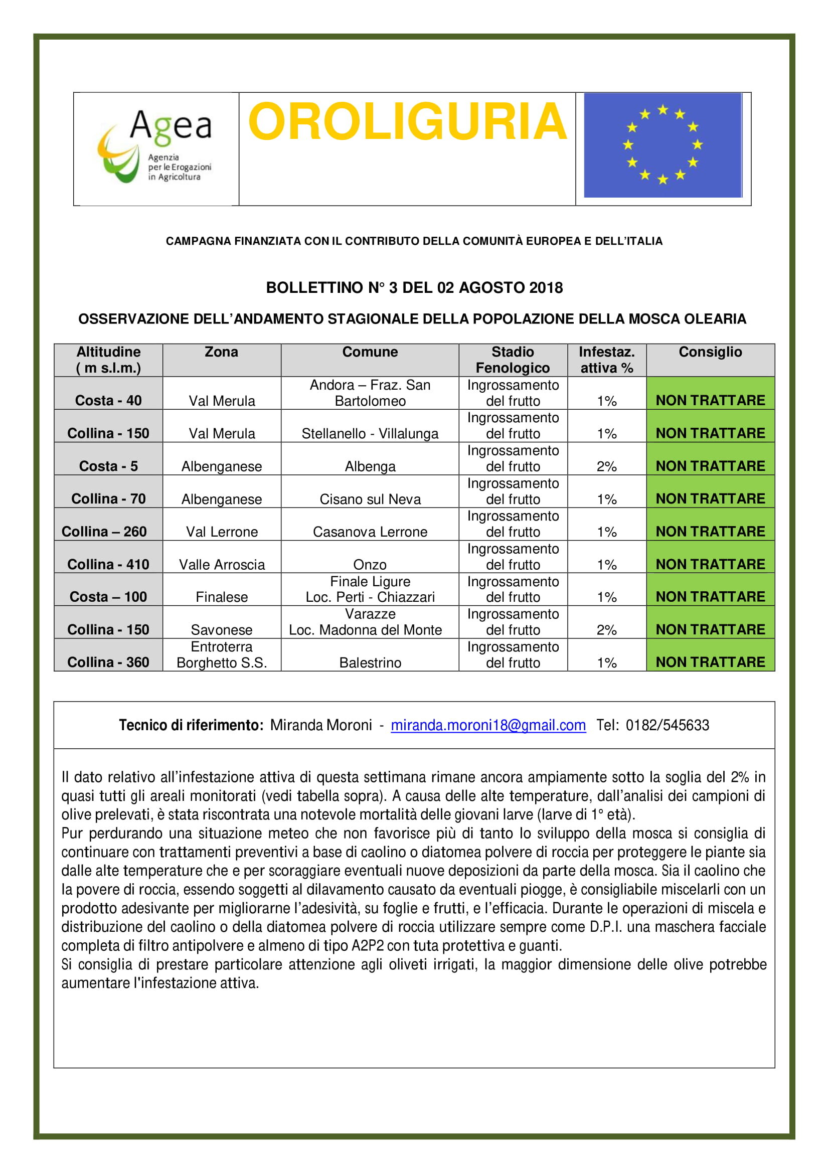 BOLLETTINO MOSCA OLIVO OROLIGURIA del 02.08.2018