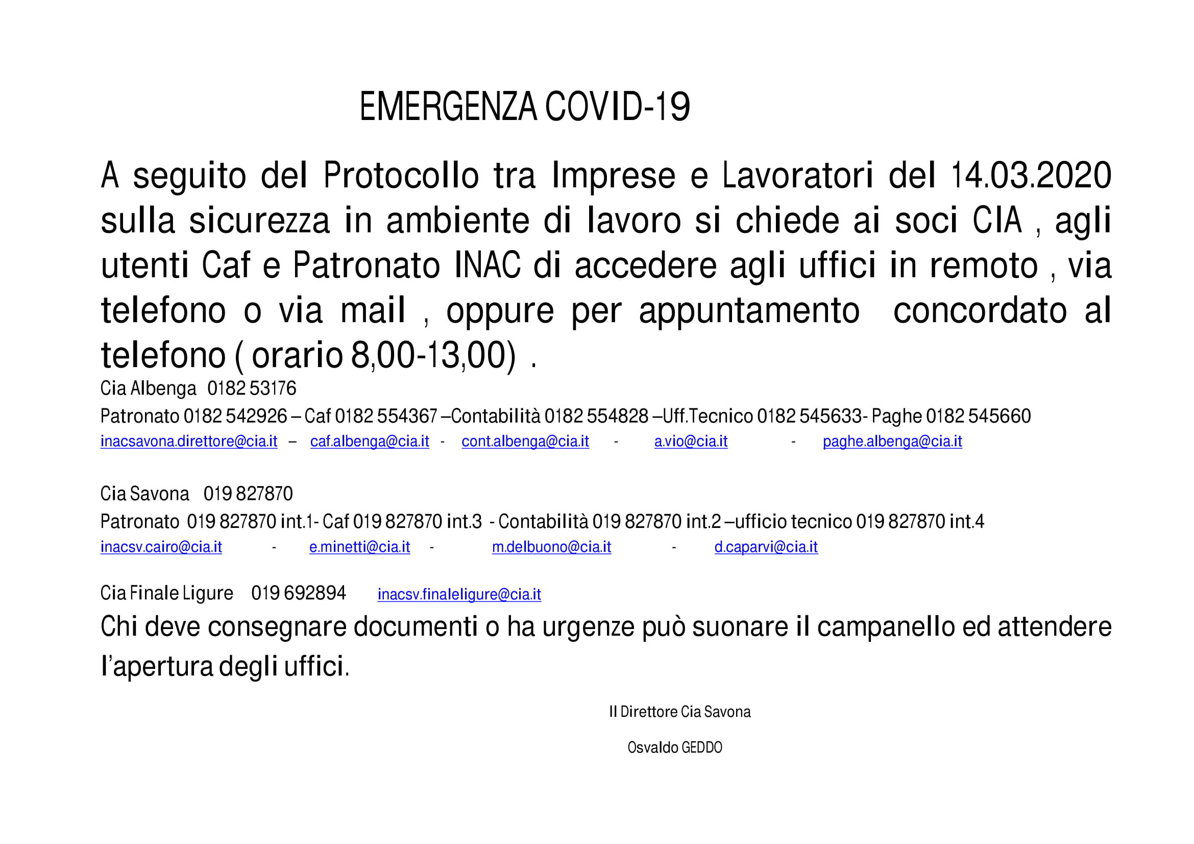 Emergenza coronavirus: comunicazione ai soci e agli utenti degli uffici Cia Savona
