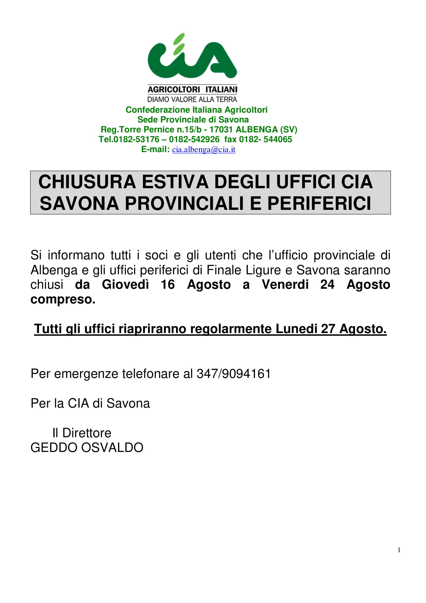 CHIUSURA ESTIVA DEGLI UFFICI PROVINCIALI E PERIFERICI