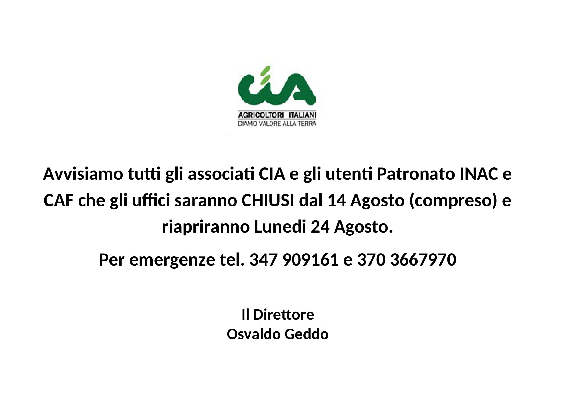 Chiusura estiva uffici CIA Savona