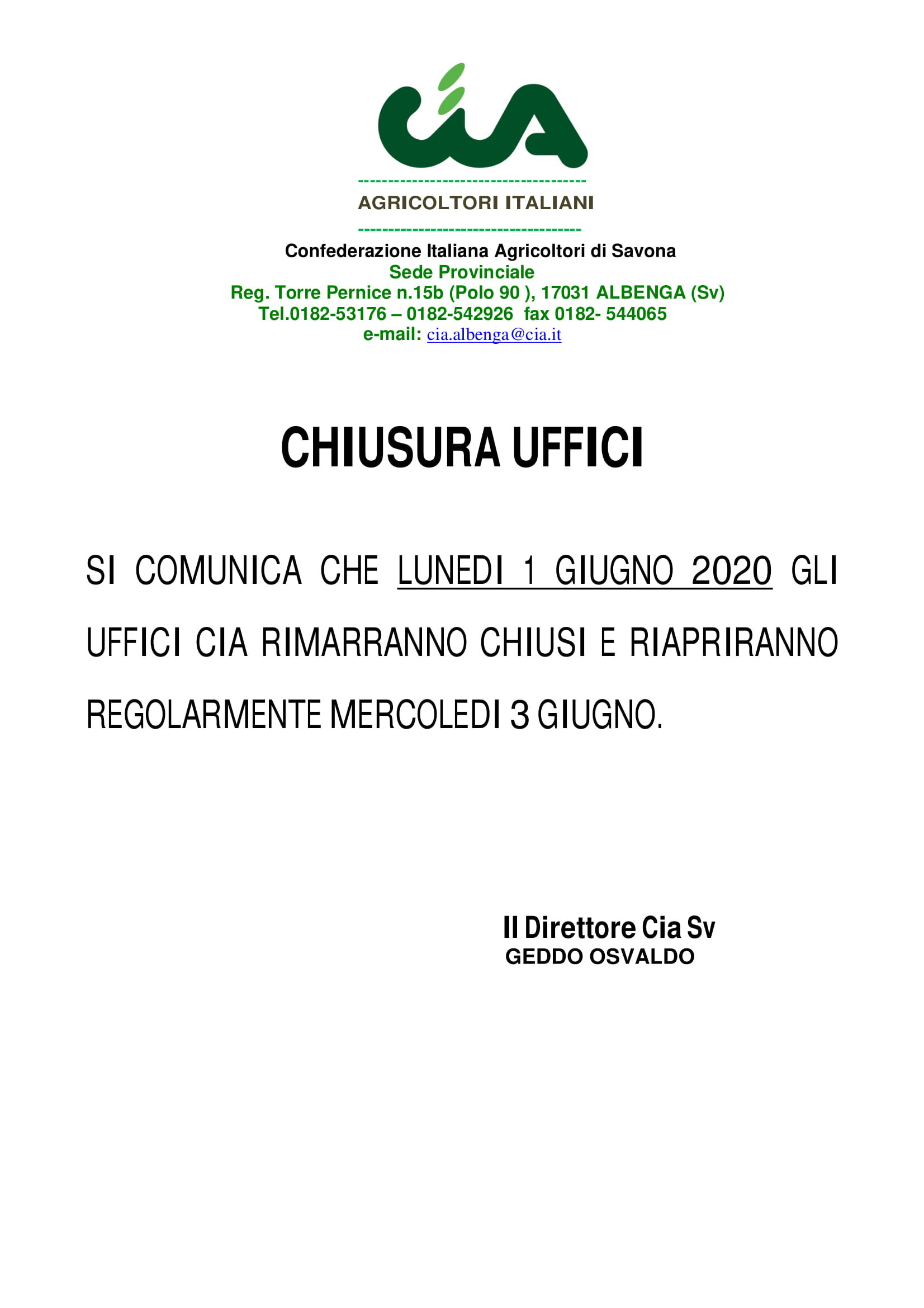 Chiusura uffici CIA Lunedi 1 Giugno