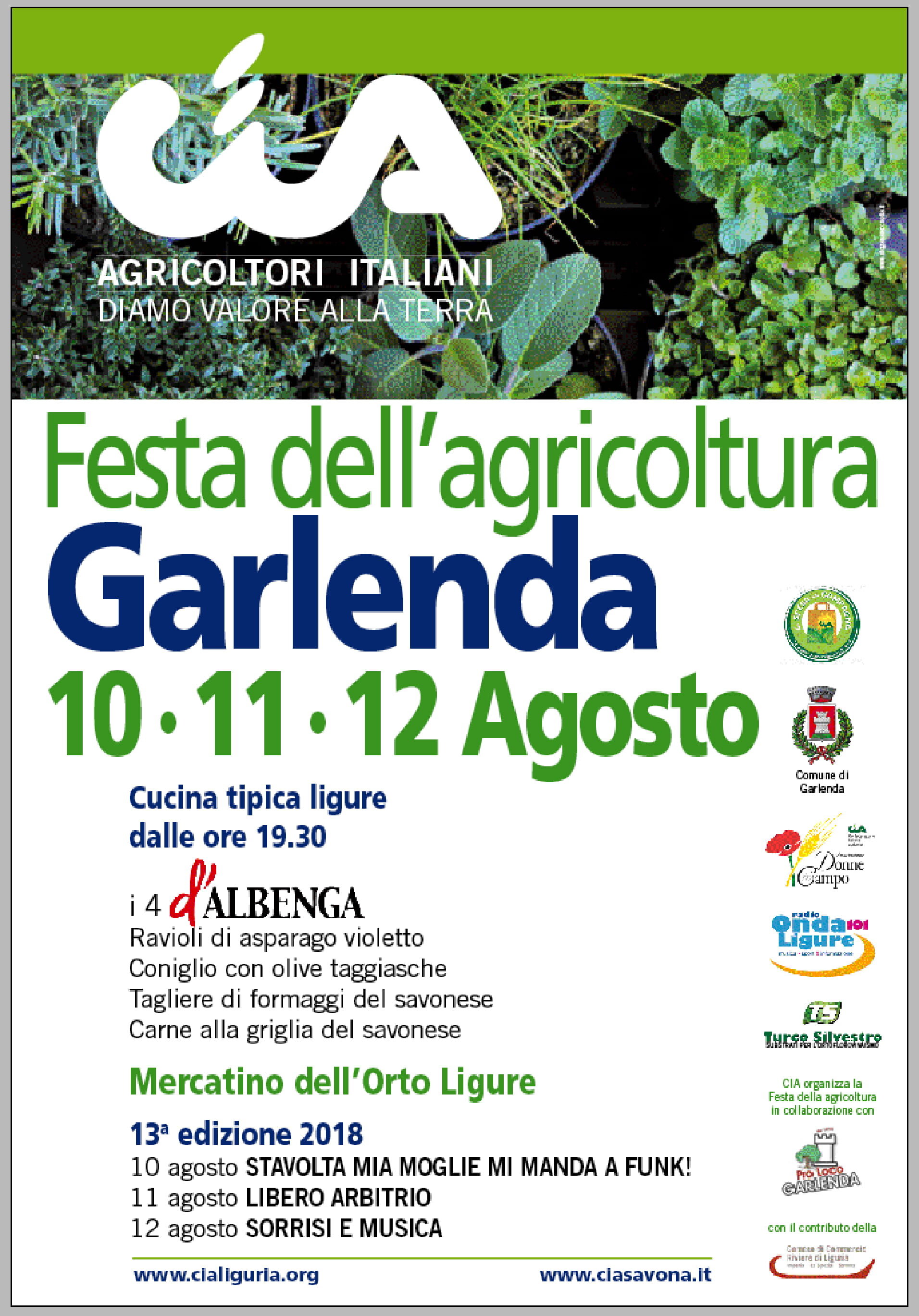 CIA SAVONA: FESTA DELL'AGRICOLTURA 2018 A GARLENDA (SV) DAL 10 al 12 AGOSTO