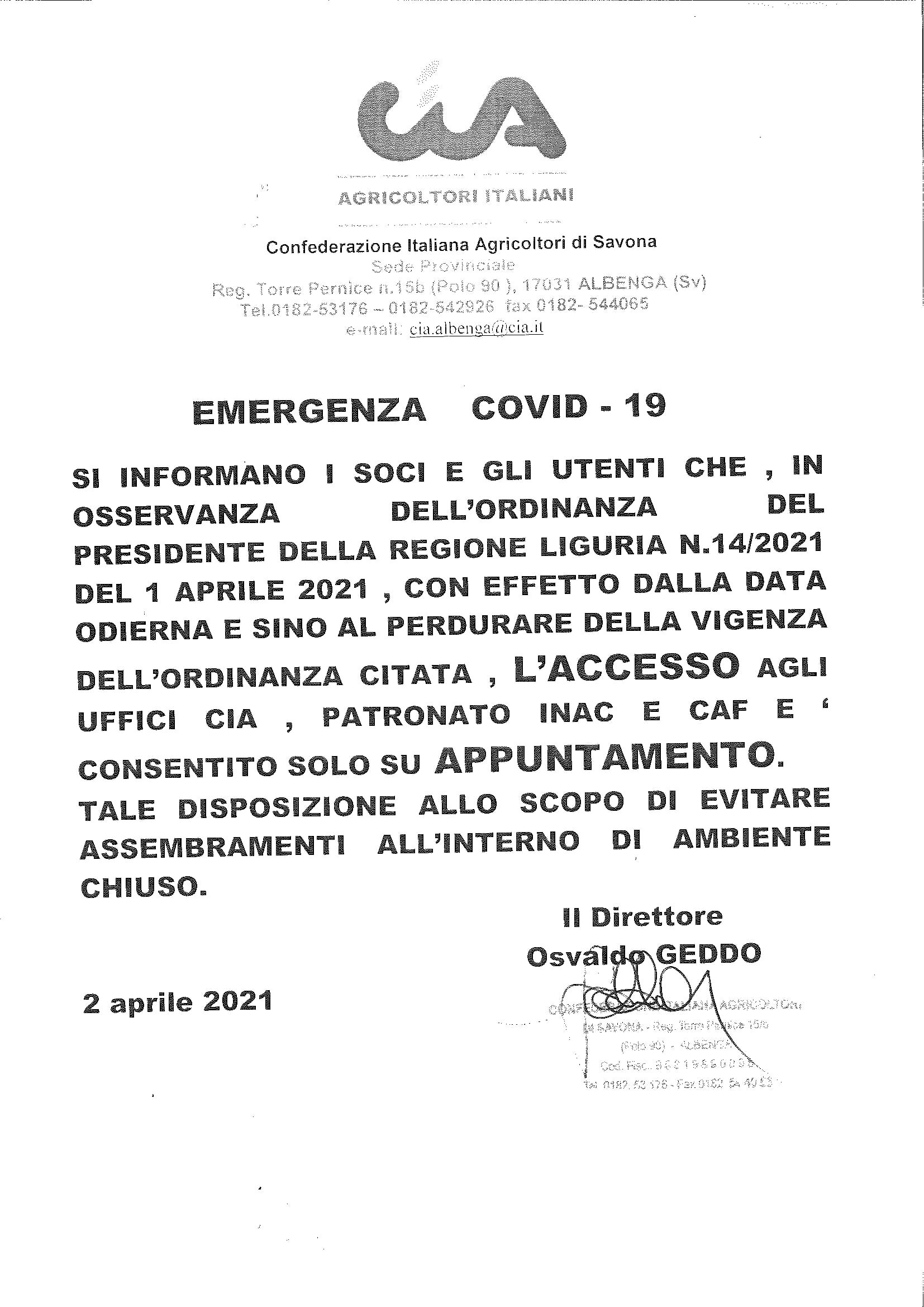 Emergenza Coronavirus e zona rossa in Provincia di Savona: regole per l'accesso agli uffici provinciali CIA Savona