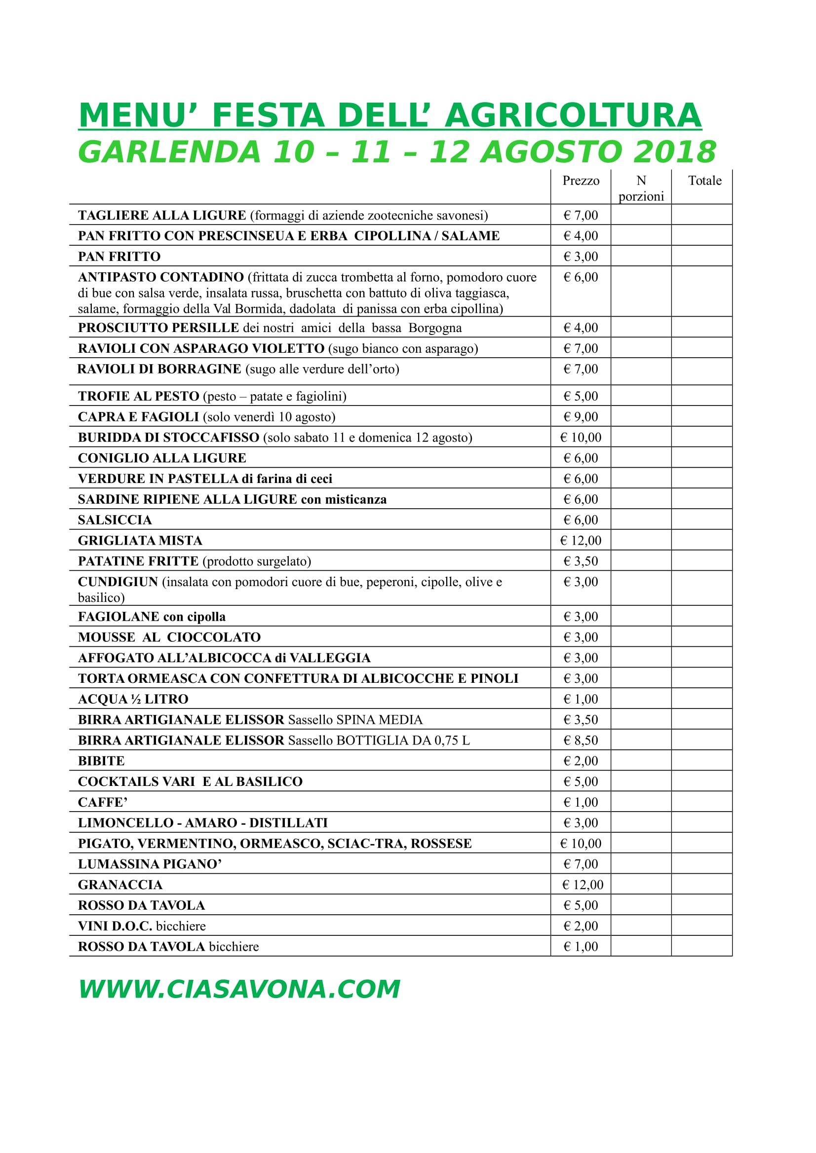 Menu' definitivo della Festa dell'Agricoltura a Garlenda dal 10 al 12 Agosto.