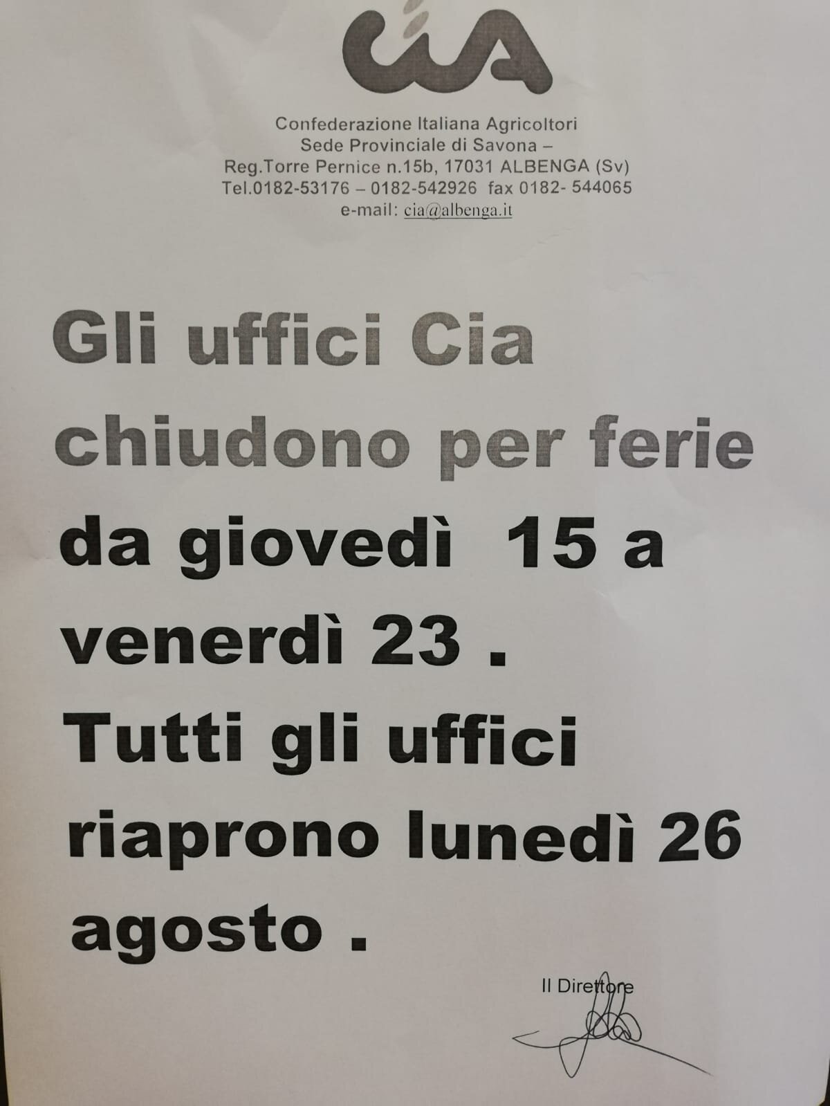 CHIUSURA ESTIVA DEGLI UFFICI DELLA CIA DI SAVONA